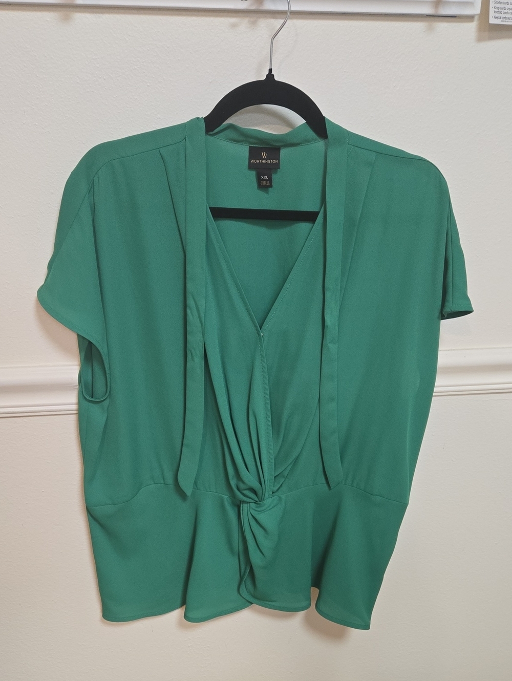 Worthington Teal Knot-Front Short Sleeve Blouse